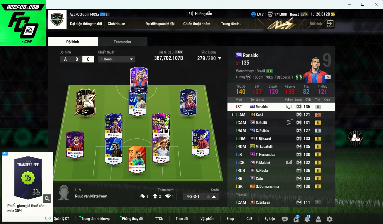 [ACC Rẻ🔥] AC Milan 387.700b có Ronaldo WB, Gullit CAP, Nesta HG, Maldini CAP, Rijkaard LN, Cafu LN, Theo LOL, Donnarumma E21, Locatelli 23HW, Pulisic 25TY. Dư 20.000 TC, HLV Xịn